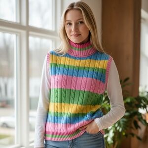 Buchwacker Color Block Turtleneck Cable Knit Sleeveless Sweater Size L